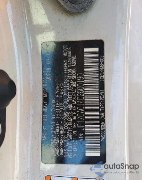 2013 Subaru Brz 2.0 Limited из США, поврежденный, VIN JF1ZCAC14D2600190